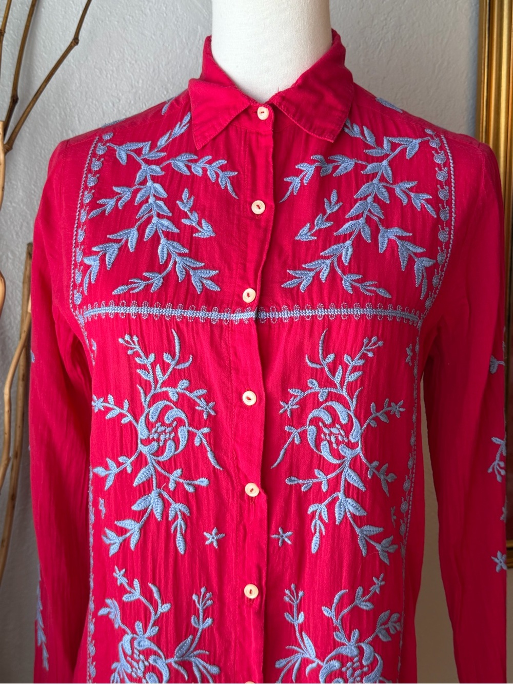 Johnny Was Red Button-Down Shirt with Light Blue Embroidery XS - Picture 2 of 13